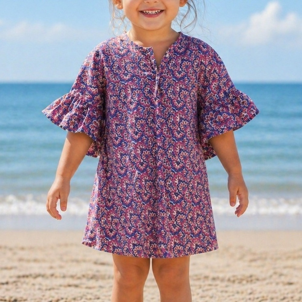 Mini Boden Printed Poncho Kaftan Swim Coverup Lupin Peach Paisley‎ Print Trip 3T